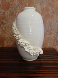 White Ceramic Vase With Cascading Flowers, Signed