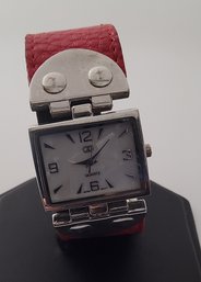 Red Faux Leather And Silvertone Watch