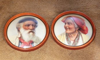 Pair Of Round Framed Convex Glass Gypsy Prints, A Couple