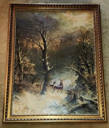 Large 19th C. Oil On Canvas, Deer In A Snowy Forest, Unsigned