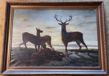 Large 19th C. French Oil On Canvas, Stags And Does, Unsigned