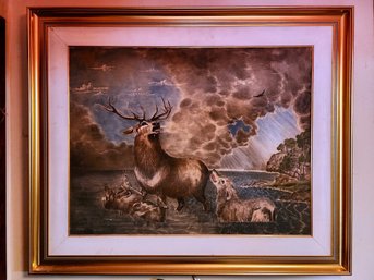 Vintage Pastel, Stag And Wolves, Signed K. A. Taylor