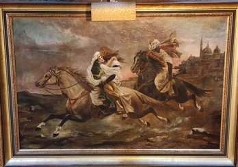 Oil On Board, Arabian Horses And Riders With Woman