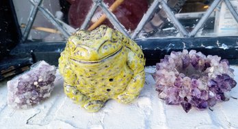 Adorable Ceramic Toad Paired With Amethyst Cluster And Candle Holder