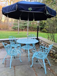 Victorian Vintage Cast Iron Patio /Lawn Table Four Chairs And Umbrella