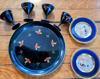 Japanese Handpainted Laquer Plates And Glasses & Pair Of Aizu Wakamatzu Plates