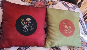 Pair Of Red And Green Asian Silk Floral Pillows