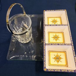 Serving Tray With Three Sections And Glass Ice Bucket With Tongs