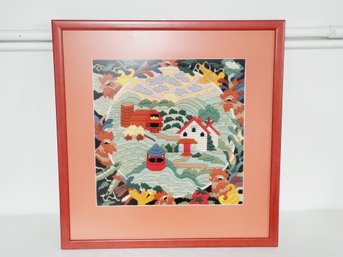 Colorful Framed Needlepoint Farm & Rooster Theme