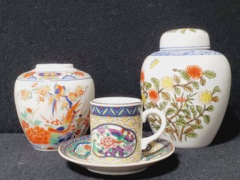 Vintage Asian Porcelain Assortment -  Jars,  Teacup & Saucer By Andrea By Sadak & Shogun