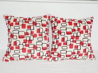 Pair Of 15' X 15' Pillows With Abstract White, Red & Black Design Zip Off Covers