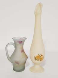 Two Vintage Custard Glass Pitcher & Signed Vase