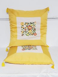 Two Bright Yellow & White Floral Embroidered Accent Pillows - 24' X 24'