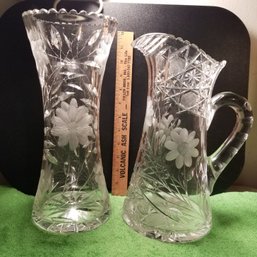 Vintage  Etched Glass 13' Vase And 12' Pitcher