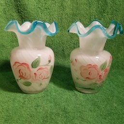 2 Fenton Glass Swirl Opalescent Hand Painted 5.75' Vases
