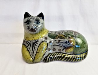 Large Mexican Tonala Glazed Sitting Cat Folk Art Pottery