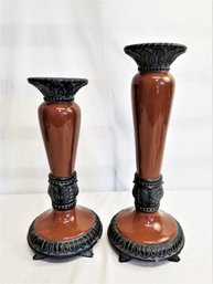 Pair Of Fritz And Floyd Glazed Terra Cotta Pillar Candle Holders