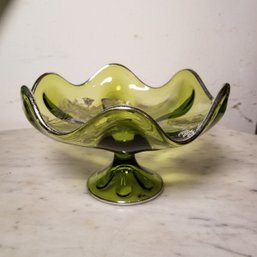 Vtg Green Candy Dish With Silver Overlay