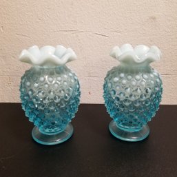 2 Fenton Blue Hobnail 3.5' Vases