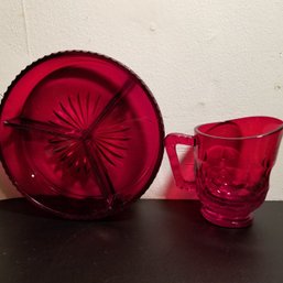 Ruby Red Glassware Creamer And Segmented Dish