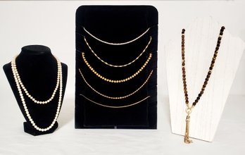 Assortment Of Eight Ladies Necklaces - Tiger Eye Beaded, Pearls, Silver & Gold Tone Chain Necklaces