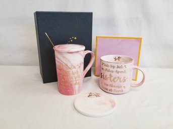 Pair Of 'Sisters' Pink & White Swirl Ceramic Gift Mugs