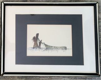 Original Signed Macleod? Ink And Watercolor Of Docked Dingy/boat