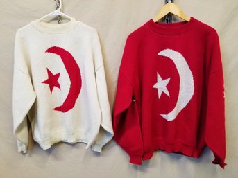 Pair Of Vintage Red & White Men's Wool Turkey Flag Sweaters