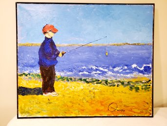 Vintage Vibrant Signed Oil Painting On Canvas - Boy On A Sandy Beach At The Ocean