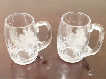 Two Pretty Clear Glass Etched Handled 5' Mugs - Equestrian Themed