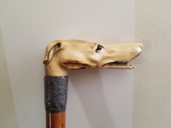 Wonderful Antique Carved Dog Hound Head Walking Cane With Glass Eyes With Sterling Silver Marked Band