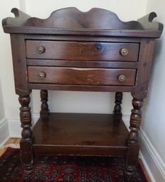 Dark Stained Pine Antique Side Table With Two Drawers And Lower Shelf