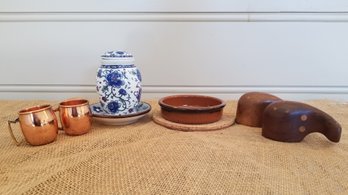 Copper Cups, Chinese Floral Lidded Ceramic Jar, Spanish Style Ceramic Grating/Zester Dish & Salt & Pepper