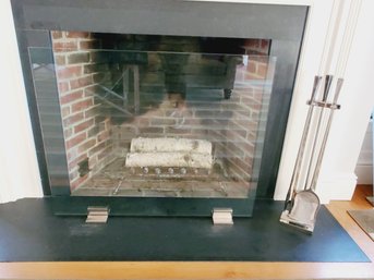 Great Contemporary Styled Glass & Chrome Floating Fireplace Screen & Chome Tool Set