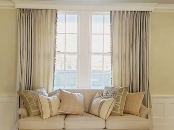 Six Custom Made Silk Pinch Pleat Window Panels Curtains Draperies With Slate Gray & Beige Tassels