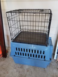 Two Pre Owned Dog Pet Animal Crates - Plastic Petmate & Black Wire Crate