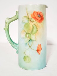 Antique Colorful Floral Hand Painted Pottery Tall Pitcher