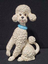 Kitchsy MCM Vintage Ceramic White Poodle Dog Figurine With Baby Blue Collar