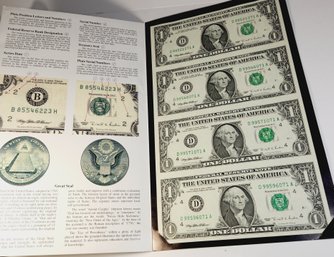 1995 Uncut Sheet Of 4 $1 Dollar Bills UNC In Folder With Info