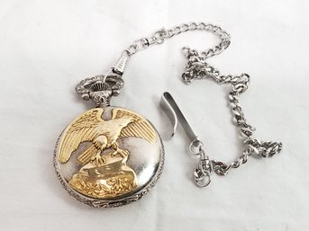 Men's Silver & Gold Tone Eagle Pocket Watch New - With FOB Chain - Japan Movement