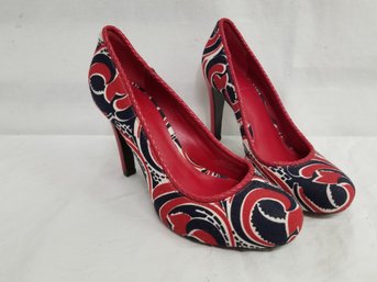 Tory Burch Ladies Size 8 1/2 Red Black White Canvas Stiletto Shoes