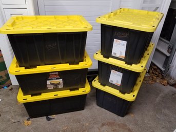 Six HDX & Franklin Heavy Duty 27 Gallon Tough Tote Stackable Storage Bins With Lids