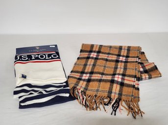 Two Wool & Knit Winter Scarves - Vintage John Hanly Wool & New US Polo Assn