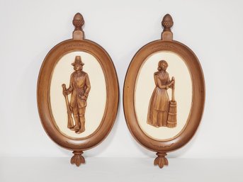 1960 Vintage Syroco Puritan Pilgrim Oval Wall Plaques