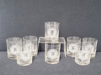 Eight Vintage NOS Clear Etched Initial T Rocks Glasses