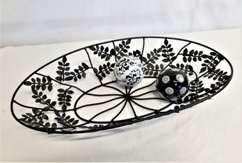 Farmhouse Cottage 20'oval Metal Tray With Two Grayson Lane Decorative Ceramic Orbs