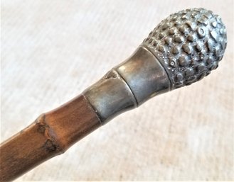Antique Bamboo Walking Cane With Pine Cone Look Silver Metal Handle