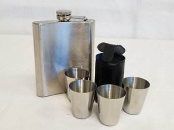 Portable Stainless Steal 7oz Flask And Four Stainless Steal Shot Glasses With Leather Pouch