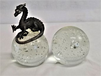 Handcrafted Clear Bubble Glass Paperweight And Pewter Dragon Clear Bubble Glass Paperweight