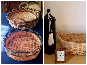 Trio Of Baskets, A Clock And Decorative Vessel